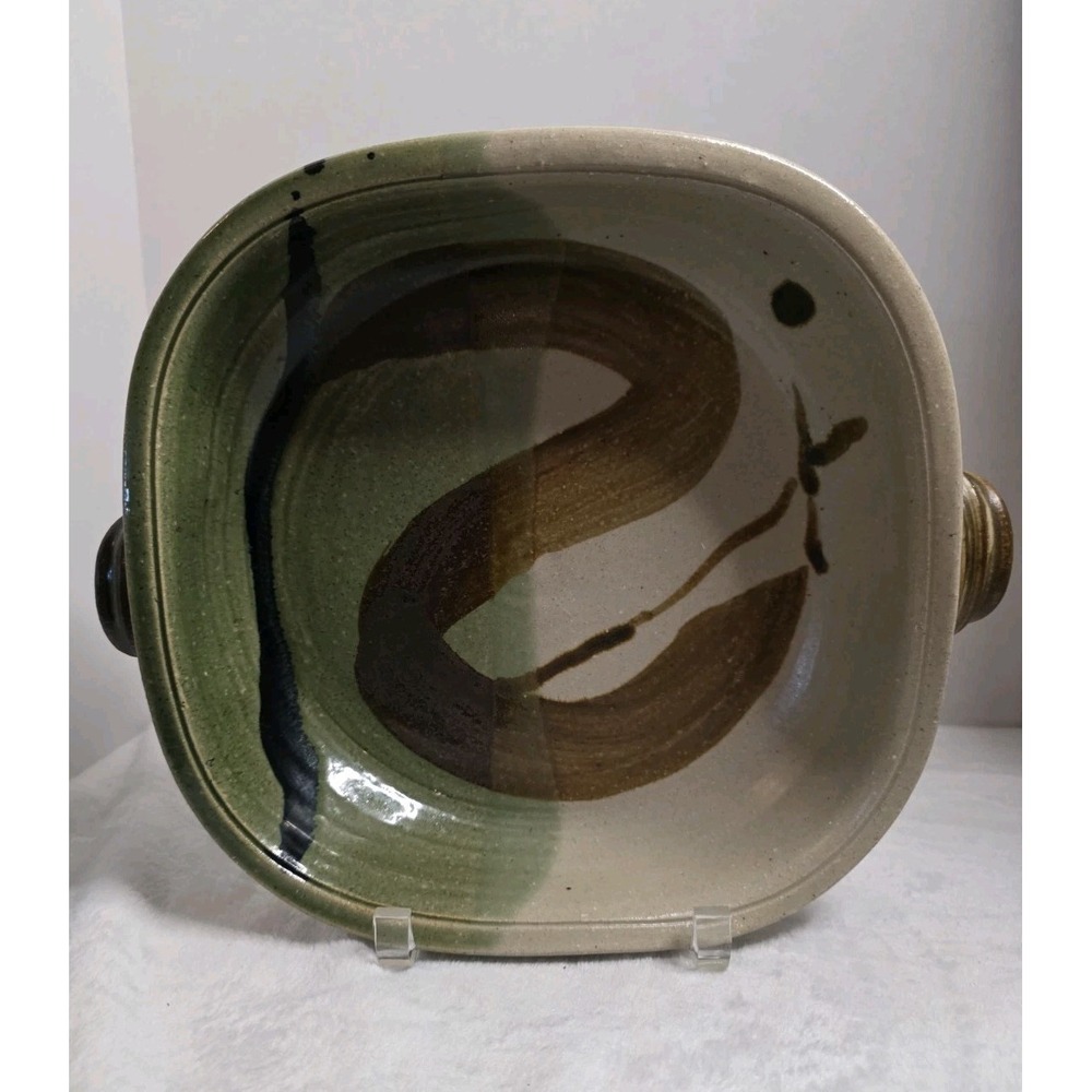 Studio Pottery Handcrafted Stoneware Serving Bowl Green Beige Abstract Glaze 10"